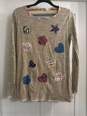 TEMT Beige Patchwork Appliqué Long Sleeve Top